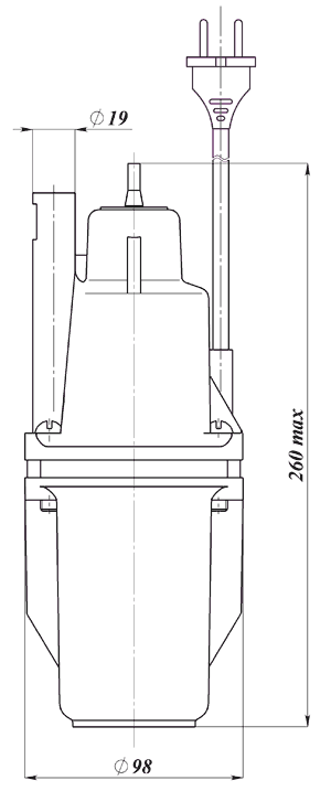 Габаритный чертеж бытового вибрационного насоса РУЧЕЕК - БВ 0,12-40